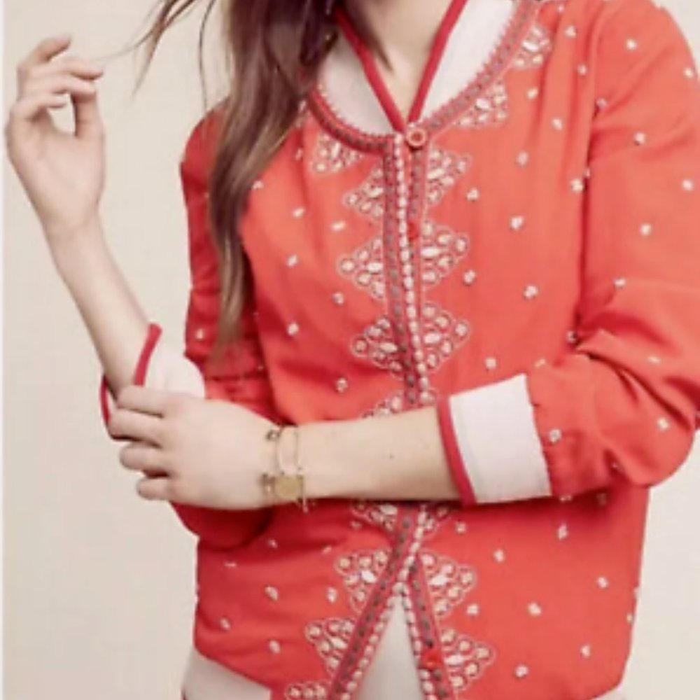 Anthropologie Conditions Apply Arabella Red Embroidered Bomber Jacket S Petite